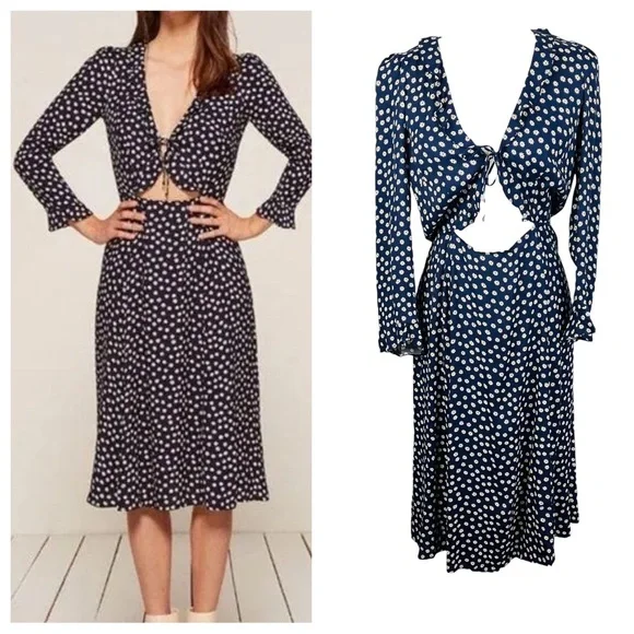 Reformation Heidi Navy And White Floral Midi Dress. - Picture 1 of 12